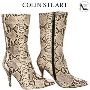 Colin Stuart Snake Print Stiletto Heel Bootie Leather Pointed Toe Heeled Boots 7